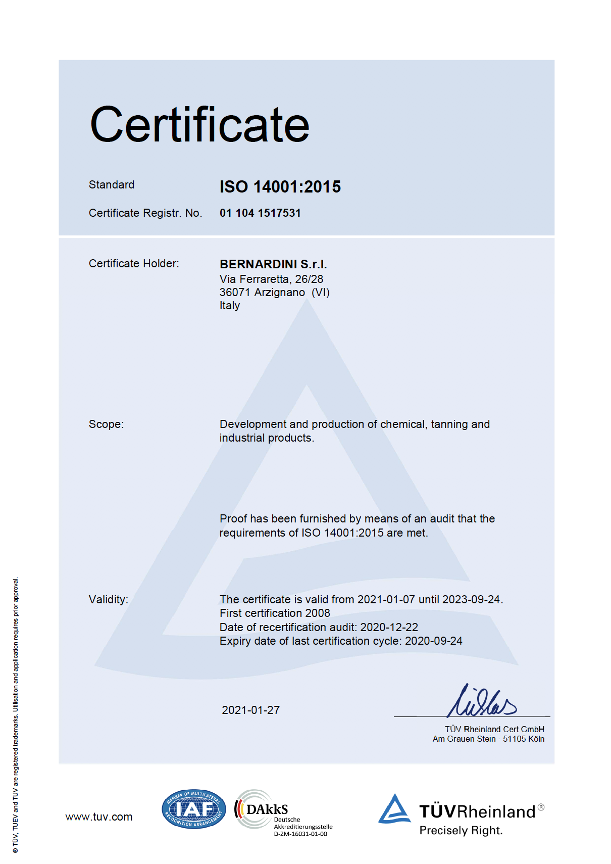 UNI EN ISO 14001: 2015 CERTIFICATE